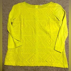 J. CREW YELLOW EMBROIDERED GEOMETRIC BUTTON BACK 3/4 SLEEVE TOP XS